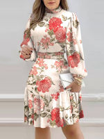 Shein Romwe Y2KO-neck Floral Print A Line Lantern Sleeve Shirred Ruffles Midi Vestidos Elegant Party Women Dress