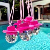 Pink Cowgirls Hat Disco Ball Car Hanging Rear View Mirror Accessory Decorative Ball Hanging Party Disco Ball Car Accessories