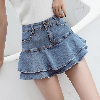 4สี Ruffled Denim กระโปรงผู้หญิงฤดูร้อน2023สูงเอว Culottes ขนาดเล็กหวานและเผ็ดผู้หญิง Slimming กระโปรง