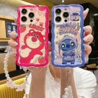 บลูเรย์หมีสตอเบอร์รี่เคสโทรศัพท์รูปการ์ตูน Iphone 14 11 13 12 Pro Max พร้อมปลอกอ่อนป้องกันสายคล้องไข่มุก