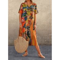 【HOT】♘☋❈ Womens Dresses 3d Hand-Painted Pattern Short Sleeve Fashion Loose Skirt Oversized Vacation Beach