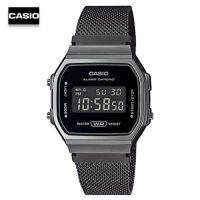 Velashop นาฬิกาข้อมือผู้ชายคาสิโอ ดิจิตอล  Casio STANDARD DIGITAL Vintage สายสแตนเลสแบบถัก สีรมดำ รุ่น A168WEMB-1BDF, A-168WEMB-1BDF, A168WEMB-1B, A-168WEMB-1B, A168WEMB