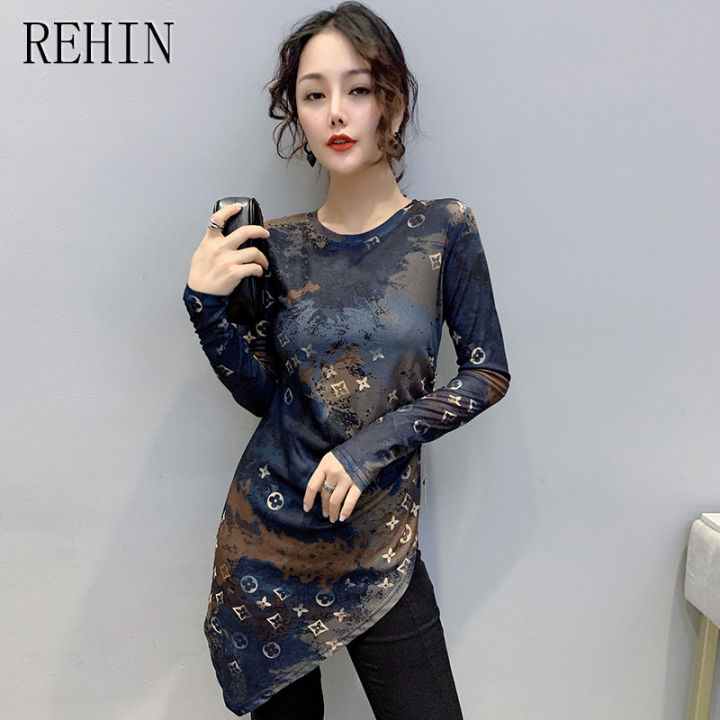 rehin-เสื้อยืดแขนคอกลมยาวพิมพ์ลายที่ไม่ซ้ำกันเสื้อบางเสื้อสตรีผ้าฝ้ายผู้หญิงที่สง่างาม
