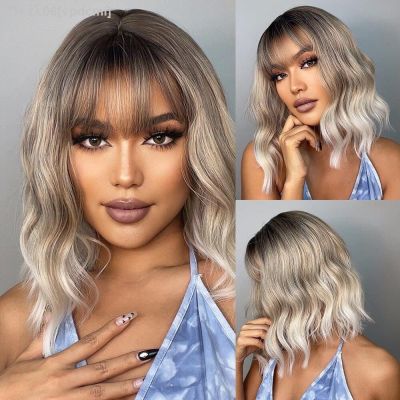 Blobde Ombre Short Bob Synthetic Wavy Wig with Bangs Shoulder Length Wigs for Women Natural Cosplay Hair Heat Resistant [ Hot sell ] vpdcmi