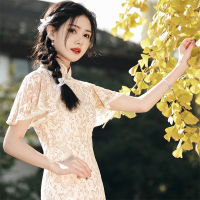 คลาสสิกหรูหราลูกปัดตัดบินแขนสตรีชีฟอง Qipao ฤดูร้อนเซ็กซี่เย็บปักถักร้อยลูกไม้ Cheongsam จีนชุดประจำวัน