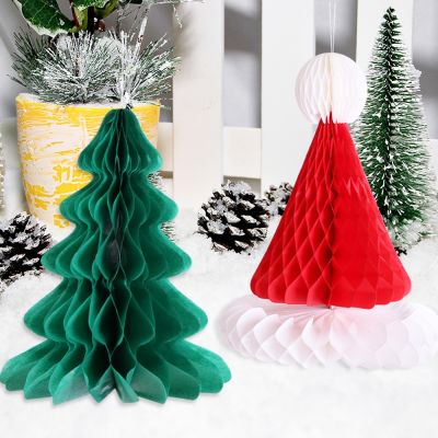 3PCS Honeycomb Paper Christmas Hat Hanging Ornament Christmas Tree Pendant Christmas Decoration for Home Xmas Party Decoration