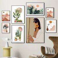 Vintage Girl Potted Plant Leaves Wall Art ภาพวาดผ้าใบสำหรับตกแต่งห้องนั่งเล่น