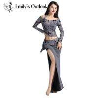 hot【DT】 2020 Cheap Bellydance Practice Costume Ladys 2 Piece Performance Outfit Floral Sleeve Blouse Sey Side Slit Skirt L