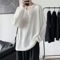 CODHuan Jian 2021 autumn new waffle V-neck long-sleeved t-shirt men s loose and versatile Hong Kong style trend solid color split top [issued on July 31st]