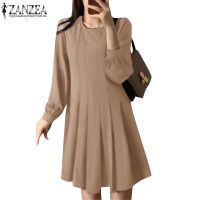 ☒✕¤ ZANZEA Women College Style Simple Fashion Round Neck Long Sleeve Short Pleated Dress