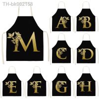 ◐ Gold Letter Alphabet Pattern Kitchen Apron For Woman Sleeveless Cotton Linen Aprons Cooking Home Cleaning Tools 53x65cm WQ0051