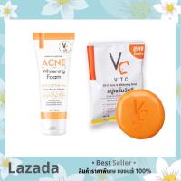 โฟมน้องฉัตร Vc Vit C Acne Foam &amp; VIT C ACNE &amp; WHITENING SOAP สบู่ สำหรับคนเป็นสิว ผิวหมองคล้ำ ขนาด 30g.