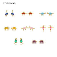 CCFJOYAS 925 Sterling Silver 8 pairSet Small Dinosaur Series Stud Earrings for Women Colorful Zircon Cute Animal Earrings Set