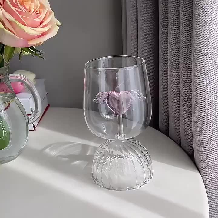 1 PC 350ml 12oz Ripple Short Stemmed Goblet Glass Cup with Pink