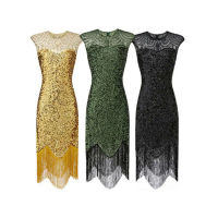 2023 Party 20S สีดำสีเขียวสีเหลือง S-3XL 1920S ชุด Great Gatsby Flapper Party เลื่อมพู่ Vintage เครื่องแต่งกาย