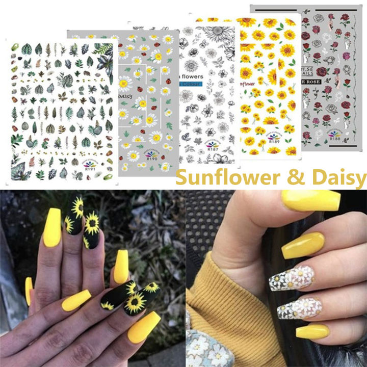 oceanmap-manicure-nail-art-stickers-adhesive-water-transfer-sliders-decals-daisy-sunflower-flower-1-sheet-patch-holographic-nail-foil-temporary-tattoos