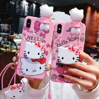 For Samsung Galaxy J8 A8 A6 J4 J6 Plus J2 Pro A9 A7 2018 Note 10 9 S9 S10 Plus S10E Phone Case HelloKitty With holder Lanyard Soft Cute Cover