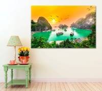 Halong Bay รูปภาพพิมพ์บนผ้าใบเครื่องตกแต่งฝาผนังบ้านภาพพิมพ์ศิลปะเวียดนามลายศิลปะบนผนังพระอาทิตย์ตกที่มีสีสันภายในกรอบไม้1ชิ้น (หรือกรอบอะลูมินัมอัลลอยสีดำ)