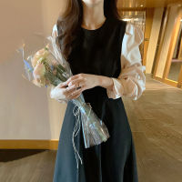 OL Temperament Korean Full Round Puff Sleeve Shirts Women Chiffon Tops + Slim Long O Black Tank Dress Elegant Retro Vest