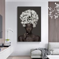 HD ดอกไม้บนหัวผ้าใบภาพวาด-Wall Art Nordic African Woman โปสเตอร์และพิมพ์สำหรับห้องนั่งเล่น-Modern Home Decor Cuadros