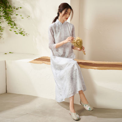 Qing Shuzhai 2021ชุดเดรสยาวสตรีสไตล์จีน Zen Retro พิมพ์ชุดชีฟอง Female
