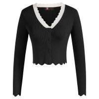 Women Cropped Cardigan Sweater Long Sleeve V-Neck Waved Trim Knitwear V-neck Cardigan Sweater Long Sleeves Neckline Lace
