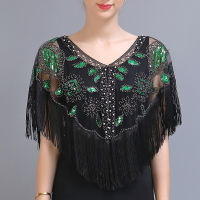 Women 1920s Sequined Shawl with Tassels Beaded Pearl Fringe Sheer Mesh Wraps Gatsby Flapper Bolero Cape Cover Up