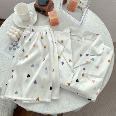CAIYIER Summer  New Womens Sleepwear Silky Satin Short Sleeve Nightwear Sweet Heart Print Pajamas For Women Korea Homewear
