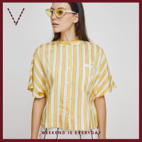 VICKS Banded Collar Batwing Sleeve Stripe Shirt เสื้อเชิ้ต ลายทาง สีเหลือง
