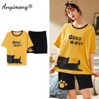 New Dropshipping Women Pajamas Summer Shorts Cotton Pijamas Yellove Cute Cats Printing Fashion Girls Homewear Korean Pajama Set