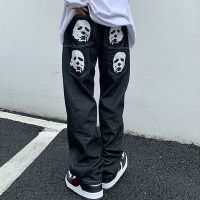 Emo Men Black Streetwear Hip Hop Skull Gothic Straight Wide Leg Cargo Pants Y2K Alt Harajuku Baggy Low Rise Jeans Clothes
