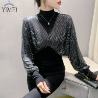 YIMEI เสื้อแฟชั่น2023สำหรับผู้หญิง,เสื้อแขนค้างคาวทรงสูงครึ่งคอเสื้อยืดเรืองแสงเลื่อมแขนยาวฤดูใบไม้ร่วง