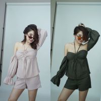 Greys blouse poet sleeve ผูกคล้องคอ+ขาสั้น