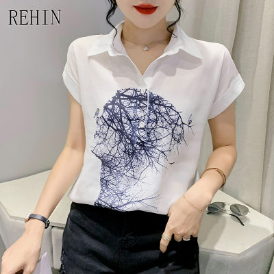 REHIN เสื้อเชิ้ตแขนสั้นของผู้หญิง,เสื้อชีฟองหรูหรามีปกทรงหลวมพิมพ์ลายแฟชั่นใหม่ฤดูร้อน