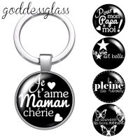 [HOT] Le français J 39;aime maman papa famille black style glass cabochon keychain Bag Car key chain Ring Holder Charms keychains