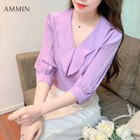 AMMIN ชุดเด Atasan Sifon คอวีจับจีบแบบ MODE Korea สำหรับผู้หญิง,ชุดเดรสแขนยาวปานกลางจับจีบแบบกดมีเสื้อชีฟองคอวีสำหรับฤดูร้อน