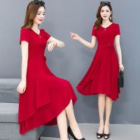 ❀♞ High-grade red chiffon dress new large size womens the summer grow a middle-aged v-neck brim