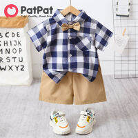 PatPat Toddler แพท2ชิ้นเด็กวัยหัดเดินเสื้อผ้าลำลองเสื้อเชิ้ตลายสก๊อตและกางเกงขาสั้นสีกากีชุด