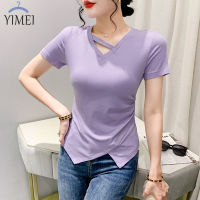 YIMEI เสื้อเสื้อยืดคอวีแขนสั้นเข้ารูปสำหรับผู้หญิง,เสื้อผู้หญิงเข้ารูปเสื้อยืดสองส่วนสำหรับฤดูร้อน2023