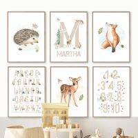 Hedgehog Deer Fox Safari Woodland สัตว์ตัวอักษรตัวเลข Wall Art โปสเตอร์ผ้าใบชื่อที่กำหนดเองภาพบ้าน Kids Room Decor