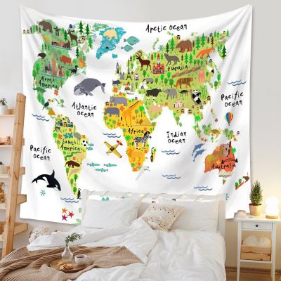 Animal World Map Tapestry High-Definition Map Fabric Childrens Room Decoration Tapestry Wall Hanging Garden Posters for Outside