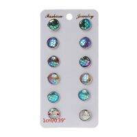 *J❤*6 Pairs Beauty Mermaid Scale Round Crystals Assorted Stud Earrings