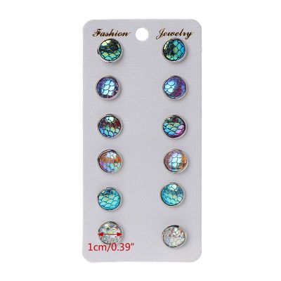*J❤*6 Pairs Beauty Mermaid Scale Round Crystals Assorted Stud Earrings