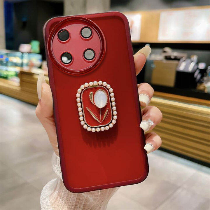 เคสโทรศัพท์ขาตั้งดอกไม้ไข่มุกหรูสำหรับ-realme-11-4g-5g-11-pro-11-pro-c51-c53-c55-c33-c35-c30-c31-c11-c20-c12-c25-c25s-c21y-c25y-realme-10-pro-10-pro-10-pro-10-pro-9i-ด้วยเคสฝาปิดโปร่งใส-tpu-นิ่มลายฟิล