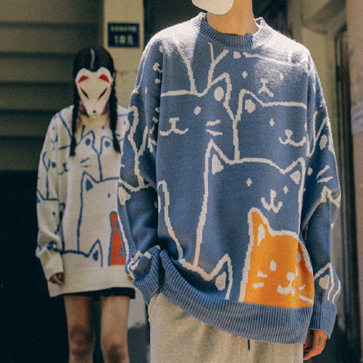 cute-cartoon-cat-sweater-for-women-o-neck-knitted-mens-autumn-winter-new-loose-fit-couple-pullovers-lady-knit-coat