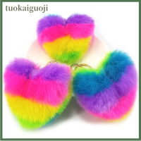 tuokaiguoji พวงกุญแจหัวใจสีรุ้งพวงกุญแจลูกบอลขนพู่ห้อยกระเป๋านุ่มพวงกุญแจของขวัญคริสต์มาส