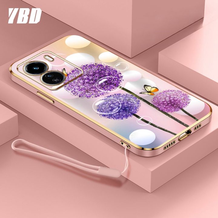 ybdเคสใหม่สำหรับ-vivo-iqoo-z7x-5g-iqoo-z7-y78-5g-y36-5g-เคสชุบโครเมี่ยมสุดหรูนิ่มเคสโทรศัพท์แฟชั่นสีสันสดใสฟรีสายคล้องเคสแบบดอกไม้ผีเสื้อ