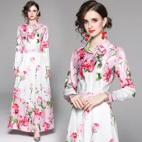 Banulin Runway Long Sleeve Christmas Dresses Women Turn-down Collar Vintage Floral Print Sashes Long Maxi Dress N7531