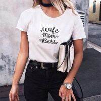 Wife Mom Boss Print Summer T-shirt Women O-neck Cotton Short Sleeve Funny Tshirt Women Top Loose T-shirt Femme Black White