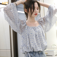 เสื้อ Atasan Sifon บับเบิ้ลแขนพองสไตล์วินเทจสไตล์ฝรั่งเศสสำหรับสตรีคอยาวแขนเสื้อสี่เหลี่ยม2023เสื้ื้อคลุมตัวยาวสตรีกันแดดอเนกประสงค์